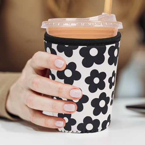 Image of Reusable Insulated Neoprene Iced Coffee Cup Sleeve, Durable Drink Sleeve for Cold Beverages, Beverage Holder for Iced Coffee (Black Flowers)