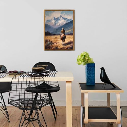 Image of Western Wall Art Vintage Cowboy Framed Canvas Prints Western Home Decor | 16x24 inch Rustic Western Horse Rider Artwork for Living Room Bedroom Office Fall Mountain Landscape Painting Country Wall Decor