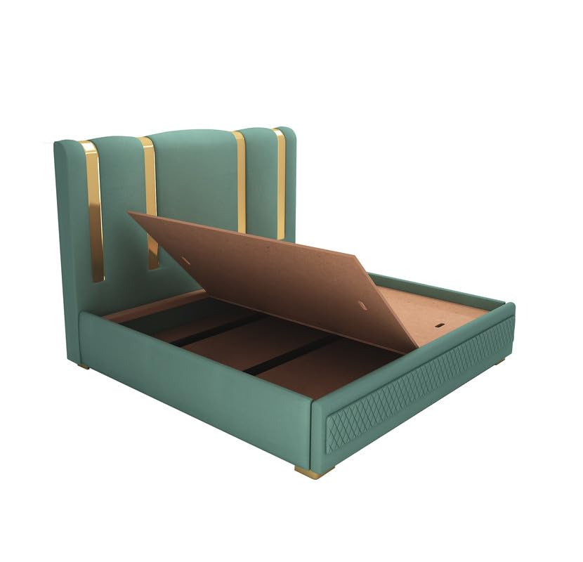 Image of STRATA FURNITURE Solid Wood Queen Size Bed with Box Storage and Upholstered Headboard | Modern Wooden Double Bed Cot Palang Furniture for Bedroom, Hotels, Living Room, and Home (Greendust)