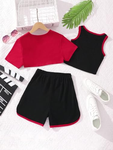 Image of OYOANGLE Girl's 3 Piece Outfit Letter Graphic Basketball Tank Top and Track Shorts with Crop Top