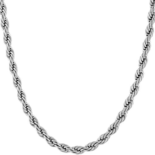 Lifetime Jewelry 5mm Rope Chain Necklace 24k Real Gold Plated for Men Women Teen (White Gold, 22)