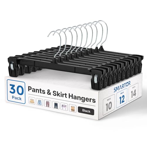 Smartor Pants Hangers - 30 Pack, Black Clips Hangers with 360° Hooks, Shorts Hanger with Strong Clamps, Dress, Heavy Duty as Trousers, Skirt, Jeans, Towel and Bottom Clothes -12 Inch