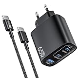 USB C Ladegerät 65W 3-Port,USB-C Netzteil Charger PPS 60W Schnellladegerät PD Ladestecker, kompatibel mit iPhone 16/15 iPad,Samsung S25/S24/S23 Ultra,Google Pixel 9/8,MacBook Pro/Air (schwarz)