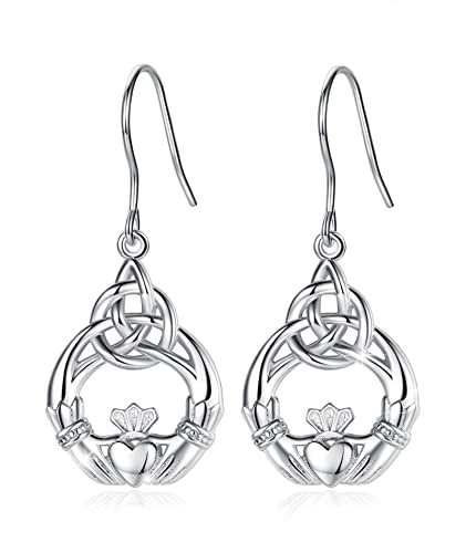 INFUSEU Claddagh Celtic Dangle Earrings for Women Sterling Silver Irish Trinity Knot Drop Earrings Charm Jewelry