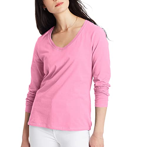 T-shirt col V manches longues femme Hanes en coton léger coupe moderne