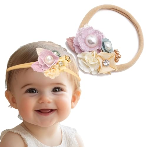 Baby Girl Floral Headbands Elastic Nylon Flower Crown Hairbands Fabric Leaves Head Wrap for Newborn Toddler Infant Hair Accessories (Purple 1, Standard Small)