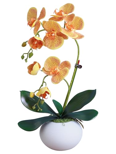 Forlaoers 17" Orange Artificial Orchids that Look Real with Pot Fake Orchid in Vase Artificial Flowers for Home Decor Indoor Office Table Centerpieces Bathroom Decoration