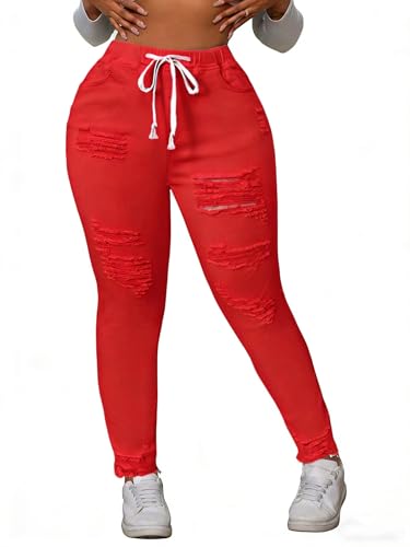 Arkordi Womens Plus Size Skinny Jeans Stretchy High Waisted Ripped Distressed Ankle Jean Lifting Jeans Red (US Alpha 3X Plus Regular RED)