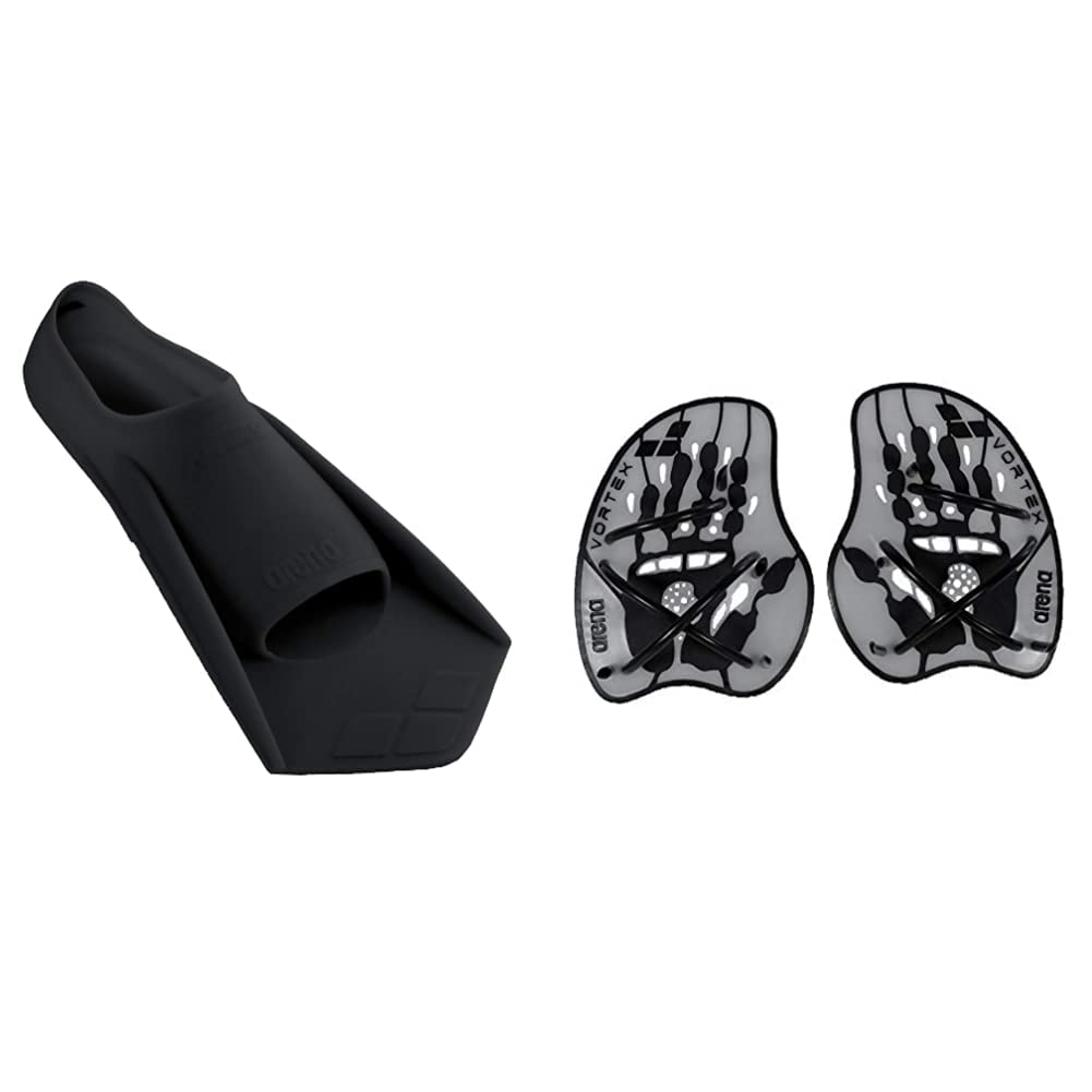 Arena Powerfin - Aletas de Buceo, Negro/Plateado, 41-42 & Vortex Evolution Palas de Mano para Natación, Unisex, Plata (Silver/Black), M