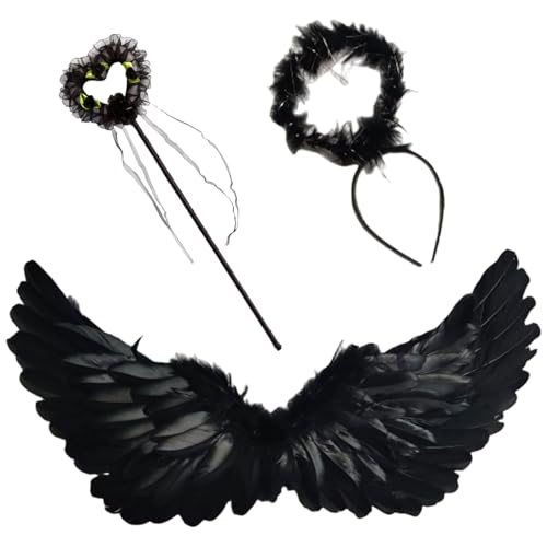 GWAWG 3PCS Children's Angel Wings Black,Angel Devil Fairy Costume Accessoires,Accessoires pour costume d'ange,Ailes d'ange en plumes,Ailes d'ange Cupidon,ailes d'ange...