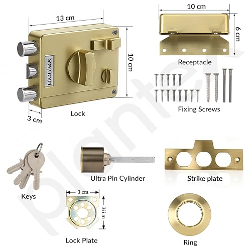 Image of Plantex Heavy Duty Rim Locks for Main Door /Door Lock for Main Door with 4 Keys /Suitable for Inside Opening Wooden Door - Pack of 1 (Brass Antique)