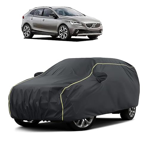 Image of Sulfar 100% Water Resistant Car Body Cover Compatible with Mirror for Volvo V40 (Triple Stitched, Full Bottom Elastic, Dark Grey Taffeta with Yellow Piping)