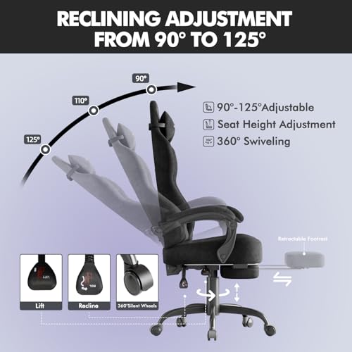 Image of Soontrans Black Velvet Fabric Gaming Chairs with Footrest, Ergonomic Comfortable Video Gamer Chair, Reclining Office Computer Desk Game Chairs with Massage Lumbar Cushion,Headrest for Adult