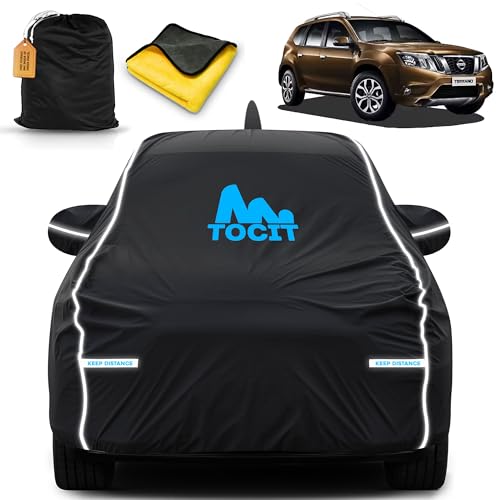 Image of Terrano 7 Seater Waterproof Long Life Car Cover with Safety Glow Reflective Strap, Premium Stretchable Velvet Velour Fabric, Machine Washable, Tri-Stitch Custom Fit with Mirror & Antenna Pocket