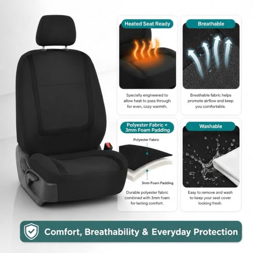 Image of FH Group Car Seat Covers Front Set in Cloth for Low Back Car Seats with Removable Headrest, Universal Fit, Automotive Washable for SUV, Sedan, Van Black