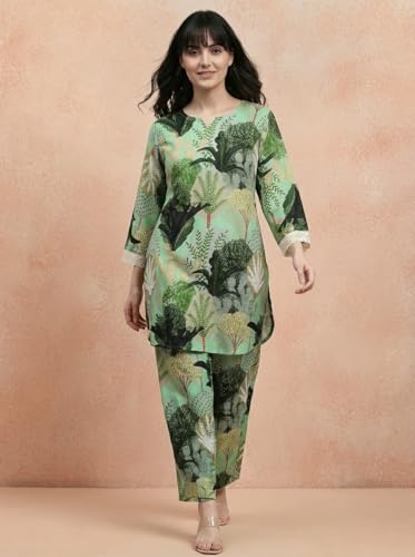 Image of Bee M Pee Designer Trendy Floral Printed Poly Rayon Cotton Kurta Coord Sets for Women | Stylish Casual Kurti Tunic Cord Set with Pant for Woman for Office