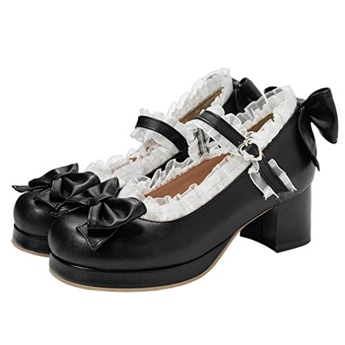 LUXMAX Zapatos para mujer Kawaii Lolita Mid Block Tacón Mary Jane Zapatos de plataforma, color Negro, talla 40.5 EU