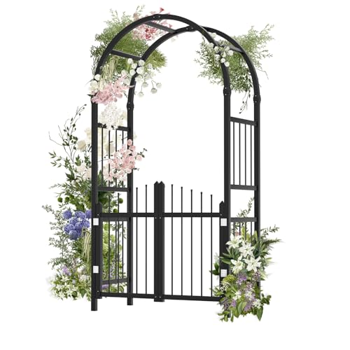 VINGLI Garden Arbor with Gate, PVC Frame Trellis Garden Arch for Plant Climbing, Vinyl Pergola Wedding Arch Backdrop Standing for Backyard, Lawn, Event (Black)