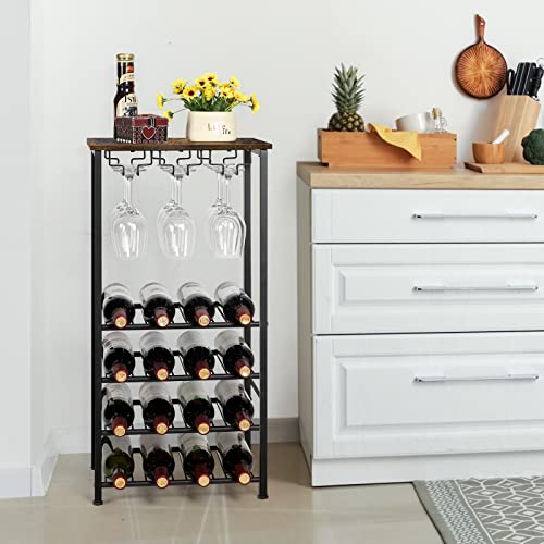 Wine Rack Table, Freestanding Wine Bar Rack, Wine Bar Cabinet With Glassbottle Holder, Metal And Wood Industrial Wine Cabinet For Home, Floor Liquor Wine Cabinet Storage, For Bar Kitchen Dining, Brown #TOP3