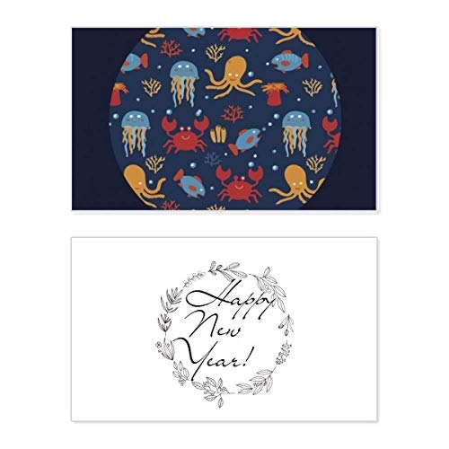 Tarjeta de Año Nuevo marina con texto Deep Sea Cuttlefish Jellyfish Crab para felicitar