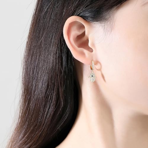 14K Gold Hand of Fatima Hoop and Drop Earrings, Moissanite and Sapphire Evil Eye Earrings for Women3