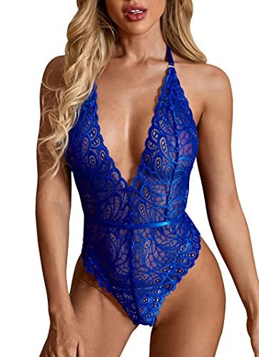 Lingerie Lace Bodysuit for Women Sexy Eyelash Teddy Valentine's Day Lingerie Naughty Negligee Bodysuit (Large, Blue)