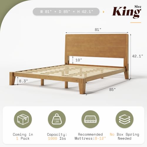 Image of AMERLIFE Solid Wood King Bed Frame with Headboard, Japanese Joinery, Brown