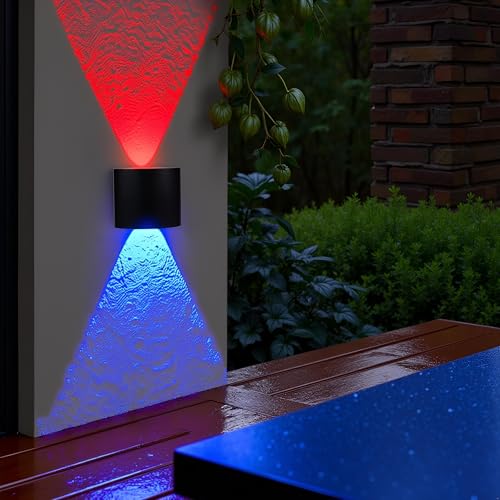 Image of FERA 2 Way LED Wall Light Outdoor Waterproof - Red & Blue Color Up Down Spot Lamp for Home Decoration, Gaming Room & Balcony - Modern Exterior Wall Lights (IP65, Black) (2 ray Color)