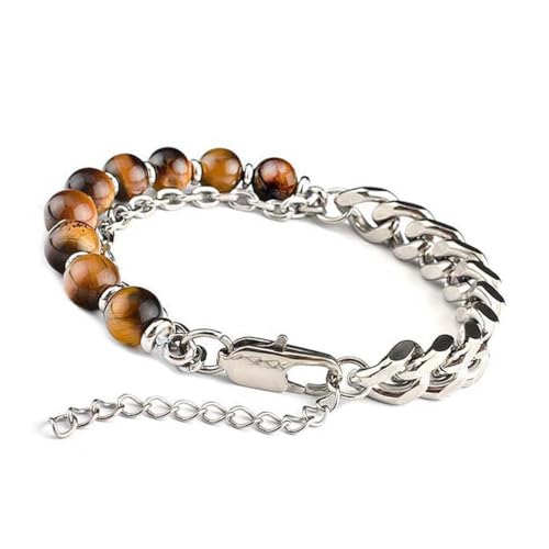 Unique Gems Homme Bracelet Œil de tigre 8mm en acier inoxydable massif pierres précieuses Qualité par bijoutier pour l'homme Chaîne gourmette