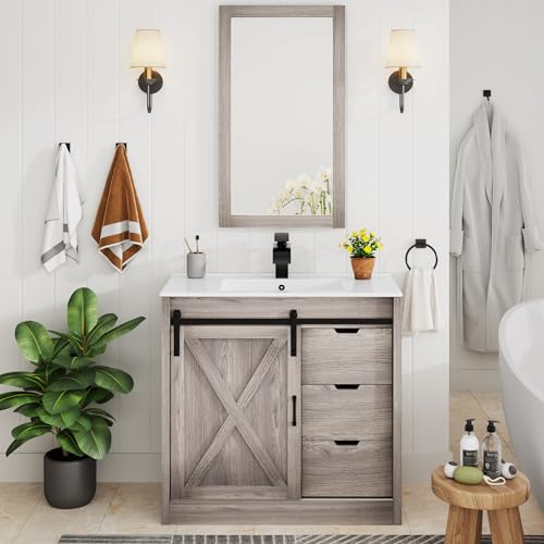 chartustriable 36 Inch Bathroom Vanity with Sink & Faucet & Mirror, Farmhouse Bathroom Vanity Cabinet Set with Sliding Barn Door & Drawers, Small Single Bath Storage Vanity Sink, Grey