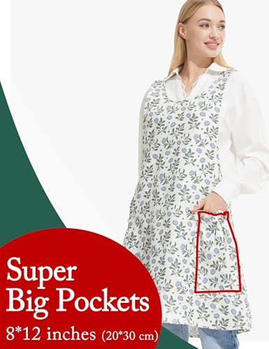 Image of Cozy Adjustable Cross Back Aprons for Women with Pockets Cotton Linen Cooking Kitchen Baking