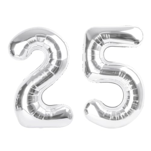 Image of Number Balloons 25 Balloon 40 inch Silver for 25 52 Birthday Decoration | Saturated Color, Large 40 in, With Straw & Hanging Hole, For Graduation Season, Thanksgiving, Anniversary, Christmas