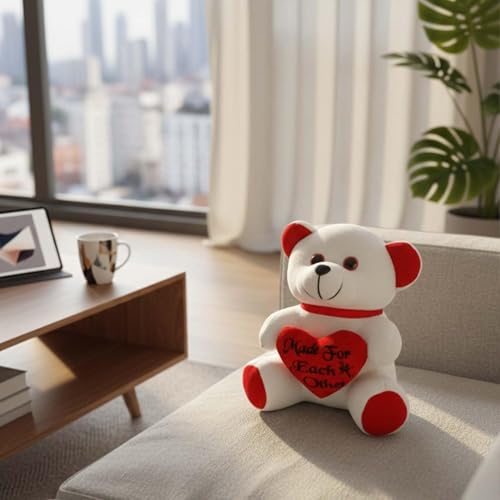 Image of ALVERO Cute Teddy Bear with Heart Cushion, Soft Plush Embroidered Heart Stuffed Toy, Gift for Girlfriend, Wife, Valentine, Anniversary & Birthday 13 x 11 x 20cm (Red & White)