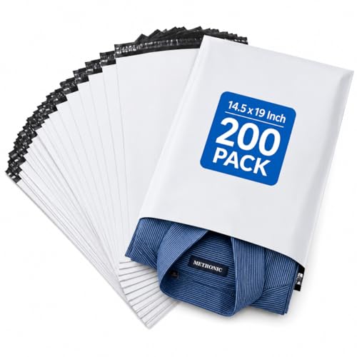 Image of Metronic Poly Mailers 14.5x19 200 Pcs | Large Shipping Bags for Clothing | Strong Adhensive Mailing Bags for Small Business, Shipping Envelopes Bags, Tear-resistant Package Bags White