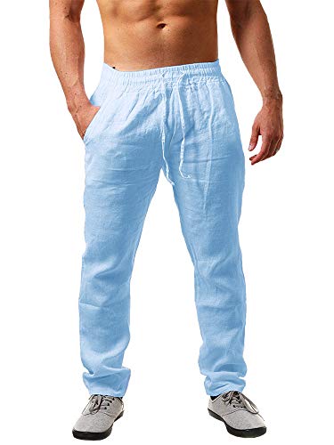 Image of PASLTER Mens Cotton Linen Pants Casual Summer Beach Pants Dress Trousers