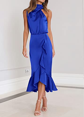 Image of KIRUNDO Women's Summer Satin Mock Neck Wedding Guest Dress | Party Cocktail Midi Dress, 2026 Spring Fashion, Silky, Elegant Classy Halter High Neck, Sleeveless Wrap Ruffle Formal Dress