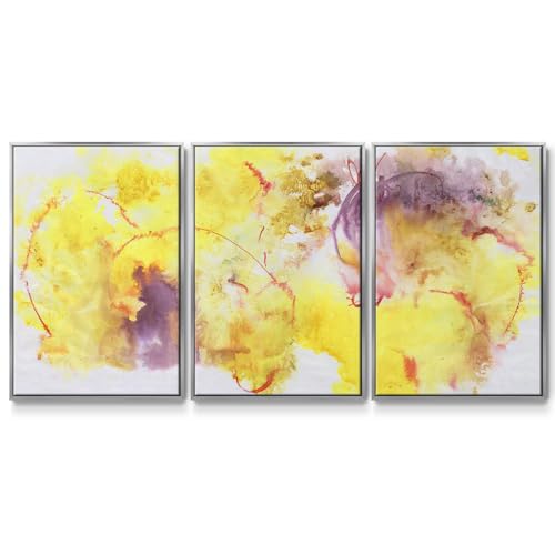 Renditions Gallery Abstract Wall Art Pink Yellow Flowers Painting Modern Colorful Floral Artwork Canvas Prints Wall Decorations for Bedroom and Bathroom-Silver Floater Frame-24”x36”x3 Panels, LS015