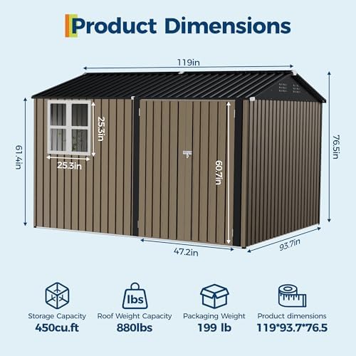 10X8 FT Storage Shed with Cross Windows & Double Doors, 450 Cu Ft Large Outdoor Tool Shed, Garden Shed for Riding Mower, Bike, Lawn Equipment - All Weather Meta - 1