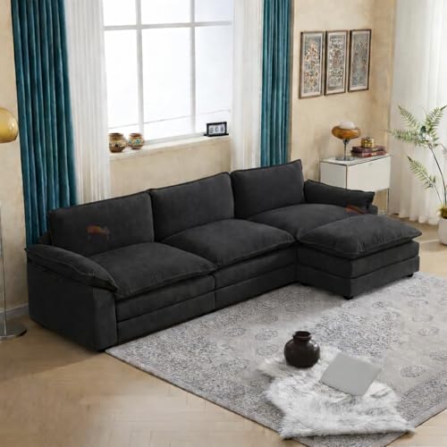 Image of SRMS Sectional Sofa Modern Deep 4 -Seat Sofa Couch | 3 + 1 ottoman | Chenille Sofa Sleeper Comfy Upholstered Furniture for Living Room, Apartment, Studio, Office | L Shape | Black