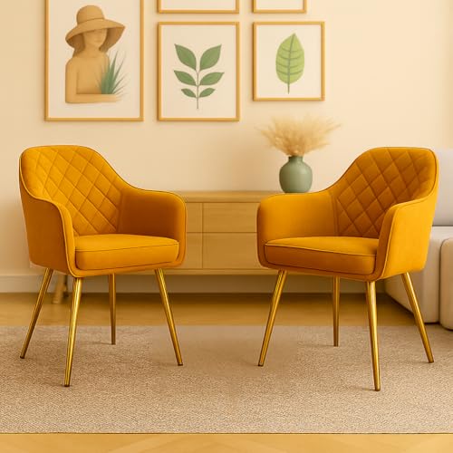 Image of Barfi Velvet Dining Chair | Set of 2 Premium Modern Upholstered Accent Chair with Armrest, Padded Seat and Metal Legs | Comfy Chair for Home, Office & Restaurents | (Mustard Yellow)