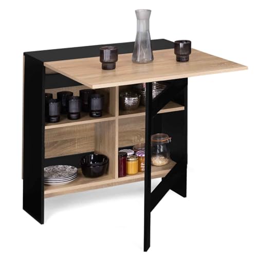 IDMarket - Table Console Pliable EDI 2-6 Personnes avec rangements Bois Noir Plateau façon hêtre 150 x 80 cm