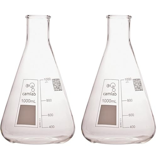 Camlab Graduated 3,3 Borosilicate Glass Erlenmeyer Flask, With Narrow Mouth, Conical Flask, Chemically Resistant and Heat Resistant, 1000ml Glass Beaker, Pack of 2