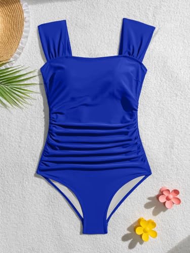 Image of B2prity Womens One Piece Swimsuit Retro Square Neck Tummy Control Bathing Suits Ruched Modest Full Coverage Swimwear