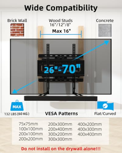 Image of HOME VISION Full Motion TV Mount Soundbar Bundle for 26-70 inch TVs, 132 lbs | ±60 Swivel & Tilt, 6 Articulating Arms, Soundbar Moves with TV, Fits 8 inch /12 inch /16 inch Studs, Max VESA 400x400