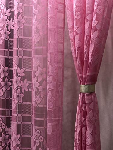 Image of Honger Polyester Beautiful Floral Design Imported Net Tissue Pack of 2 Pecs Curtains for Pink Florra Net for 4 x 9 Feet Long Door Curtains
