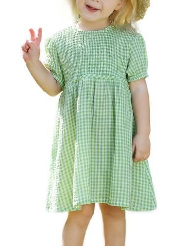 Gingham Toddler Girls Dress Muslin Cotton Girls Smocked Dress Puff Sleeve Summer Casual Little Girls Dresses