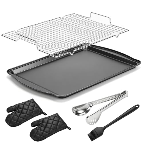 Image of 17.3 inch Large Baking Sheet with Rack & Glove, Carbon Steel Cookie Sheets for Baking, Nonstick Heavy Duty, Dishwasher Safe, Easy Clean, Dark Gray