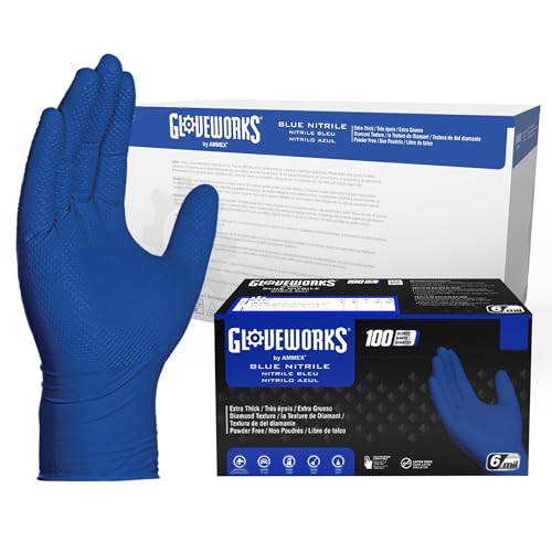 GLOVEWORKS HD Royal Blue Nitrile Industrial Disposable Gloves, 6 Mil, Latex-Free, Raised Diamond Texture, Large, Case of 1000