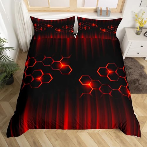 feelingyou Red Neon Bedding Set,Honeycomb Comforter Cover Set for Teens Women Room Decor,Abstract Ombre Duvet Cover Breathable Red and Black Stripe Bedspread Cover Double Size