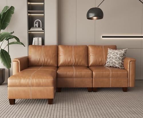 SITJOY 91" Faux Leather Modular Sectional Sofa with Storage, Mid Century Modern Sectional Couches for Living Room, Soft Padded Armrests, 3 Seater L-Shaped Couch with Ottoman, Brown - Thumbnail 3